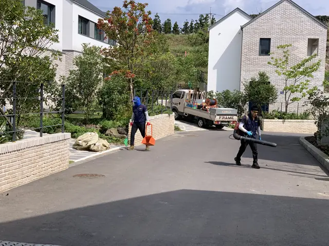 송풍기와 도구로 주택 단지 길을 정리하는 직원들